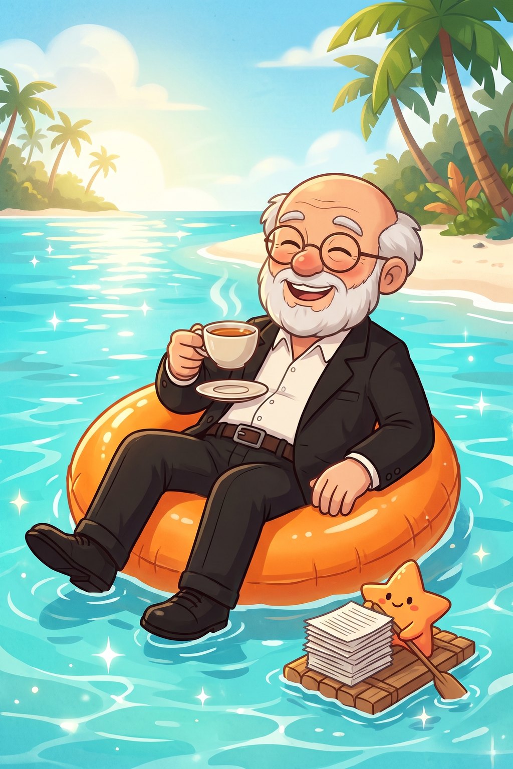 The Professor floating happily on an orange ring in a turquoise lagoon with a cup of tea, while a small orange star helper paddles by with finished paperwork